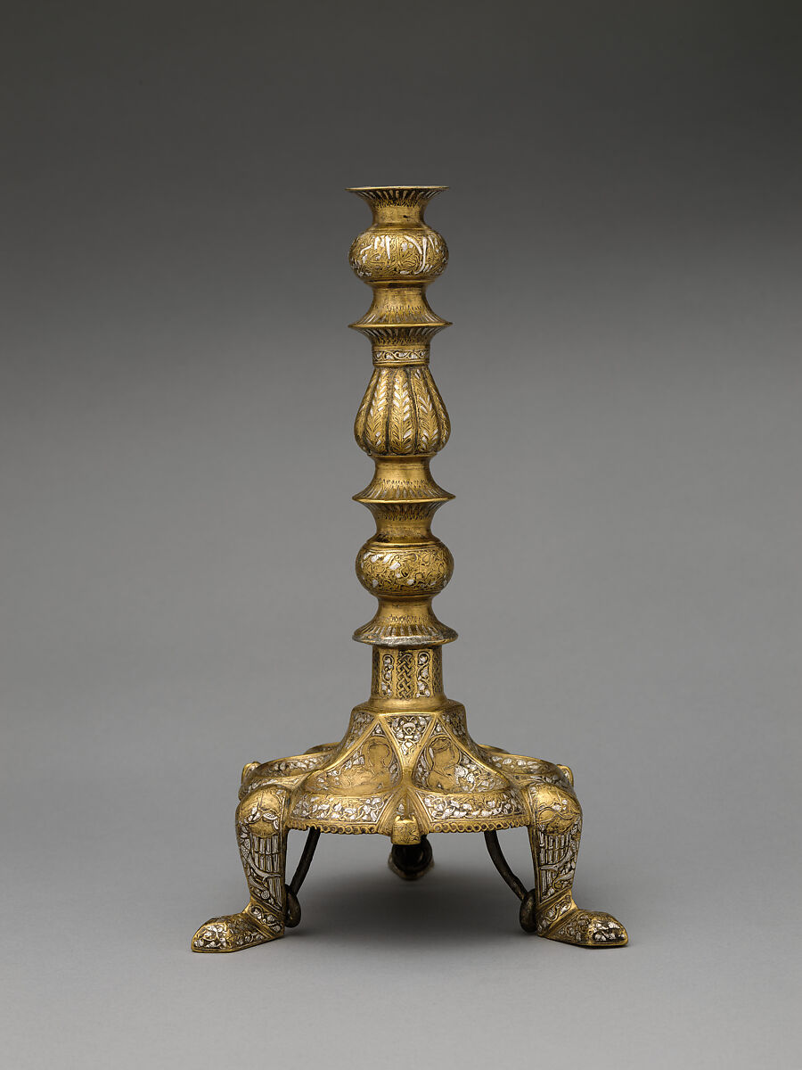 Tripod Candlestick, Brass; inlaid with silver, gold, and black compound