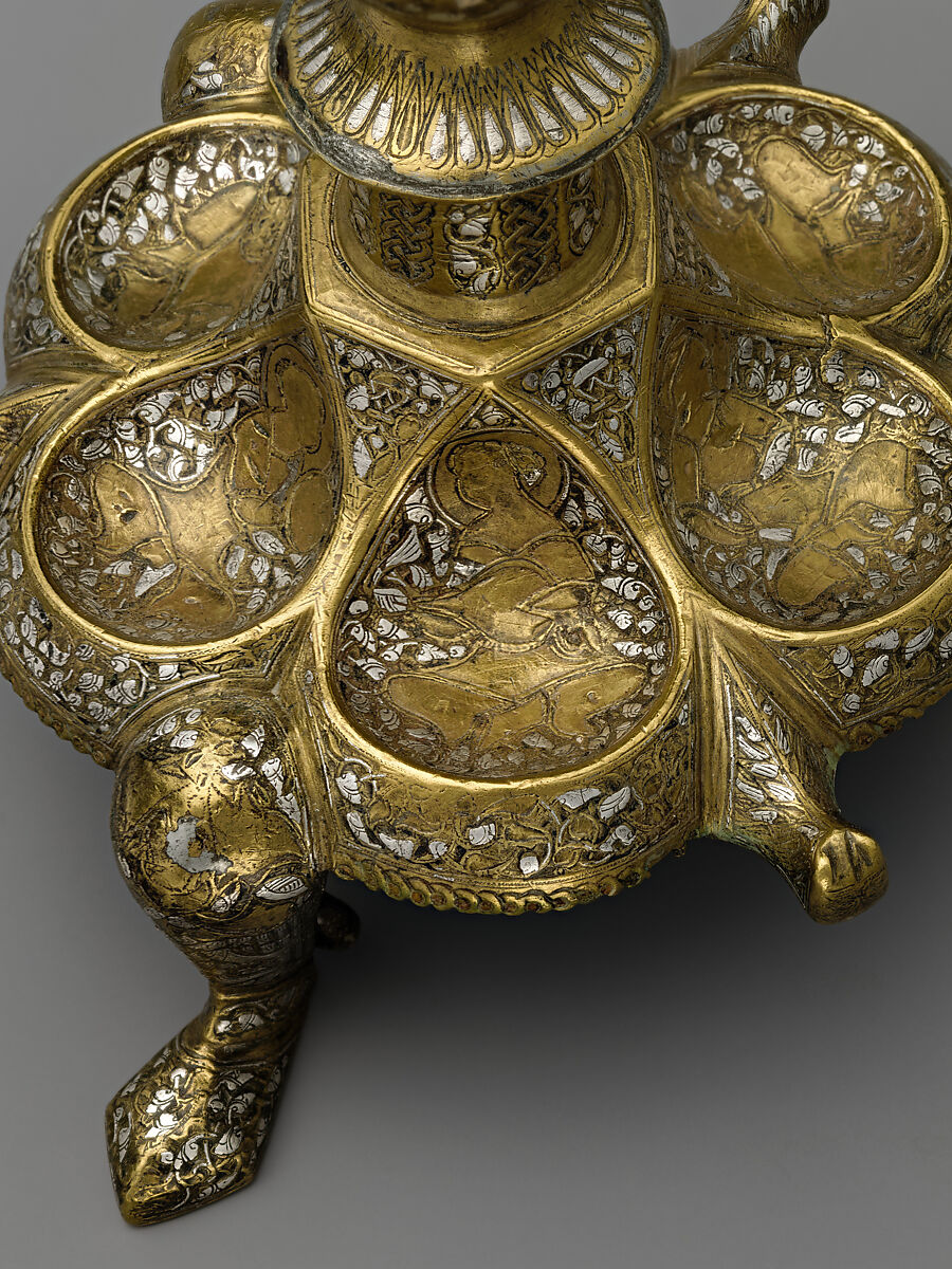 Tripod Candlestick, Brass; inlaid with silver, gold, and black compound