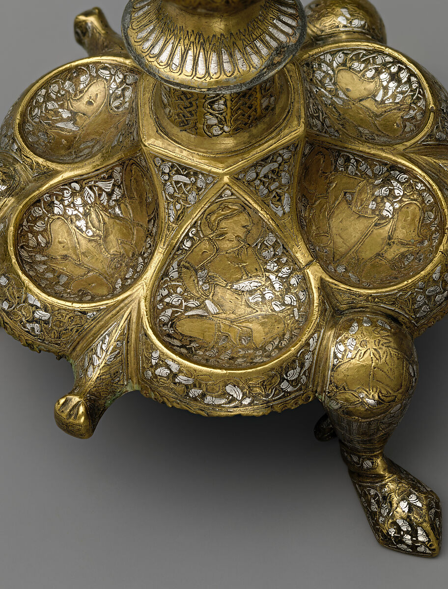 Tripod Candlestick, Brass; inlaid with silver, gold, and black compound