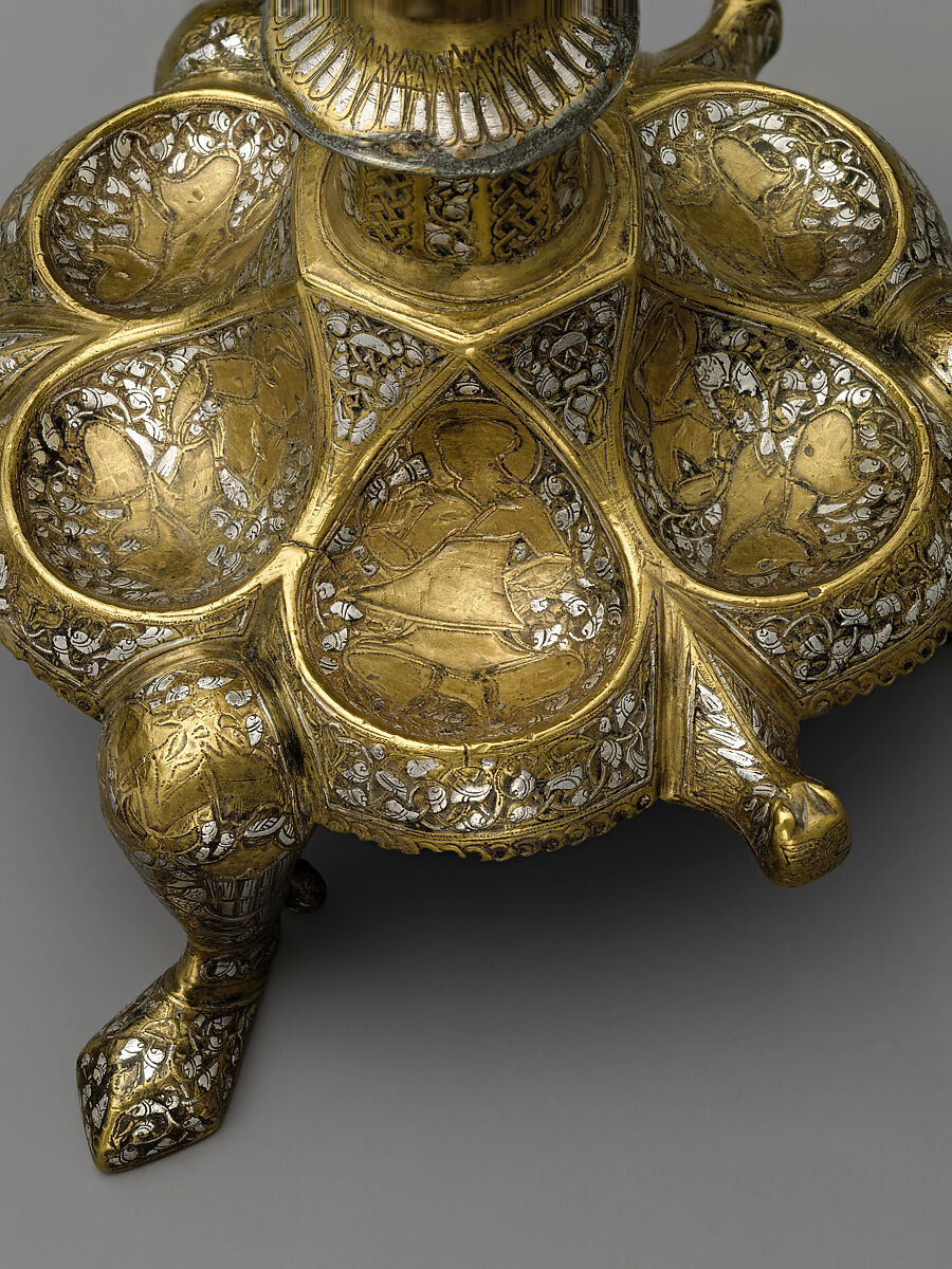 Tripod Candlestick, Brass; inlaid with silver, gold, and black compound