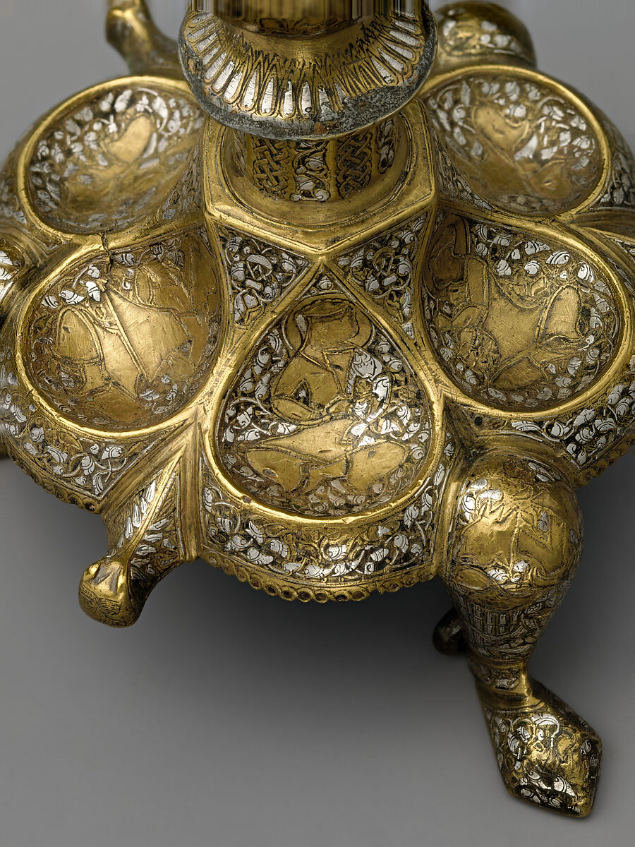 Tripod Candlestick, Brass; inlaid with silver, gold, and black compound