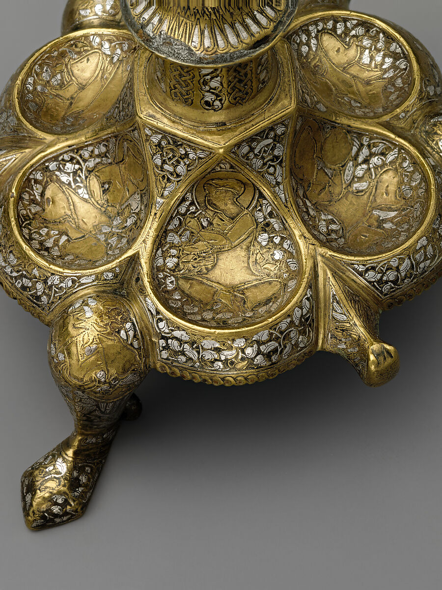 Tripod Candlestick, Brass; inlaid with silver, gold, and black compound