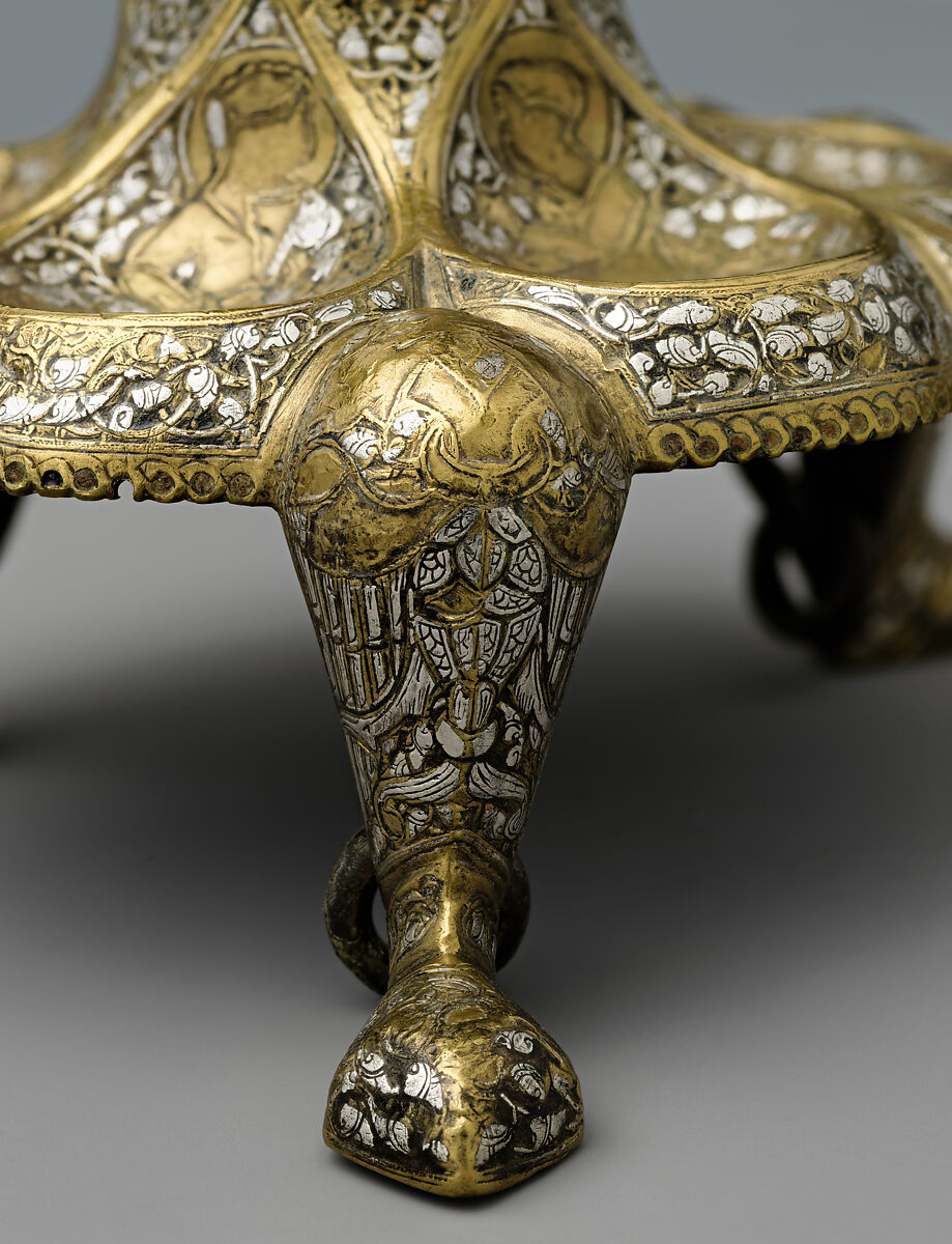 Tripod Candlestick, Brass; inlaid with silver, gold, and black compound