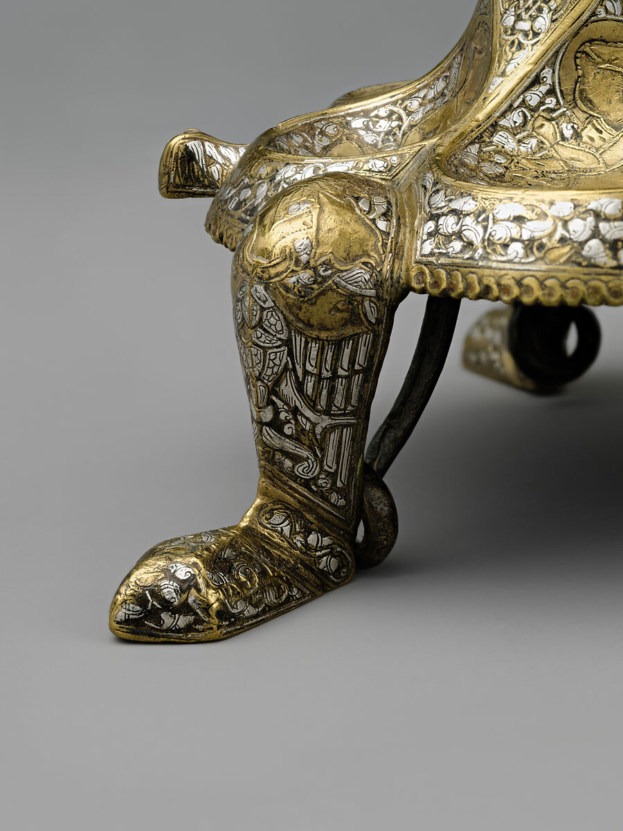 Tripod Candlestick, Brass; inlaid with silver, gold, and black compound