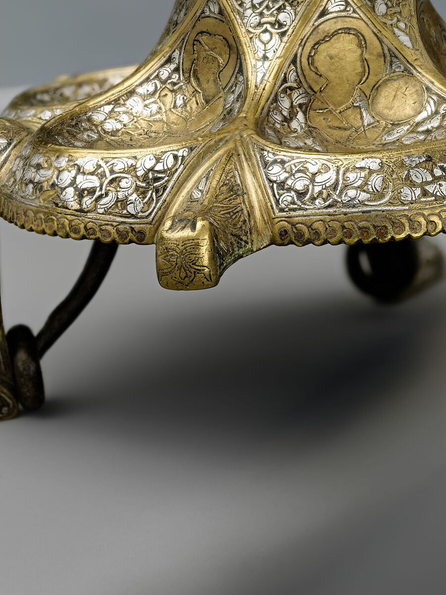 Tripod Candlestick, Brass; inlaid with silver, gold, and black compound