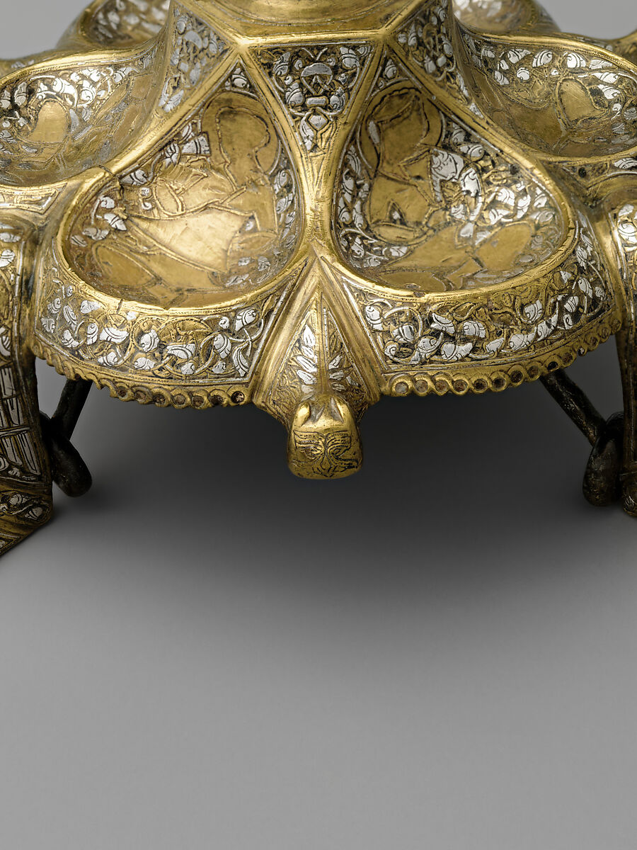 Tripod Candlestick, Brass; inlaid with silver, gold, and black compound