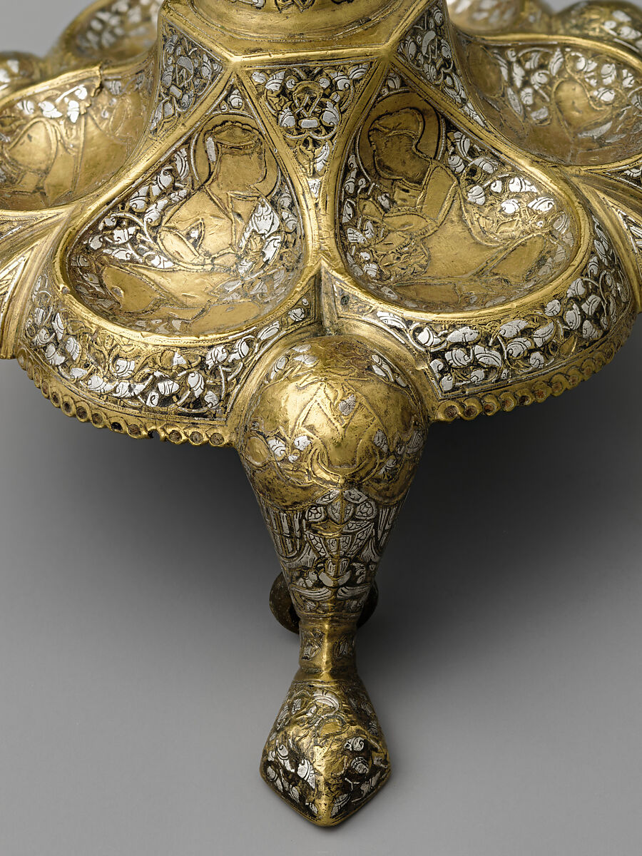 Tripod Candlestick, Brass; inlaid with silver, gold, and black compound