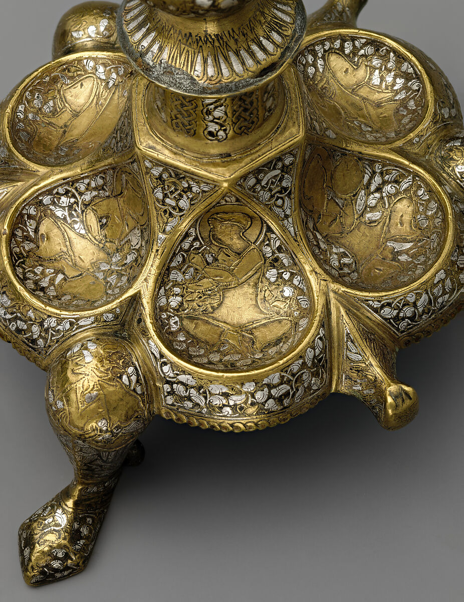 Tripod Candlestick, Brass; inlaid with silver, gold, and black compound