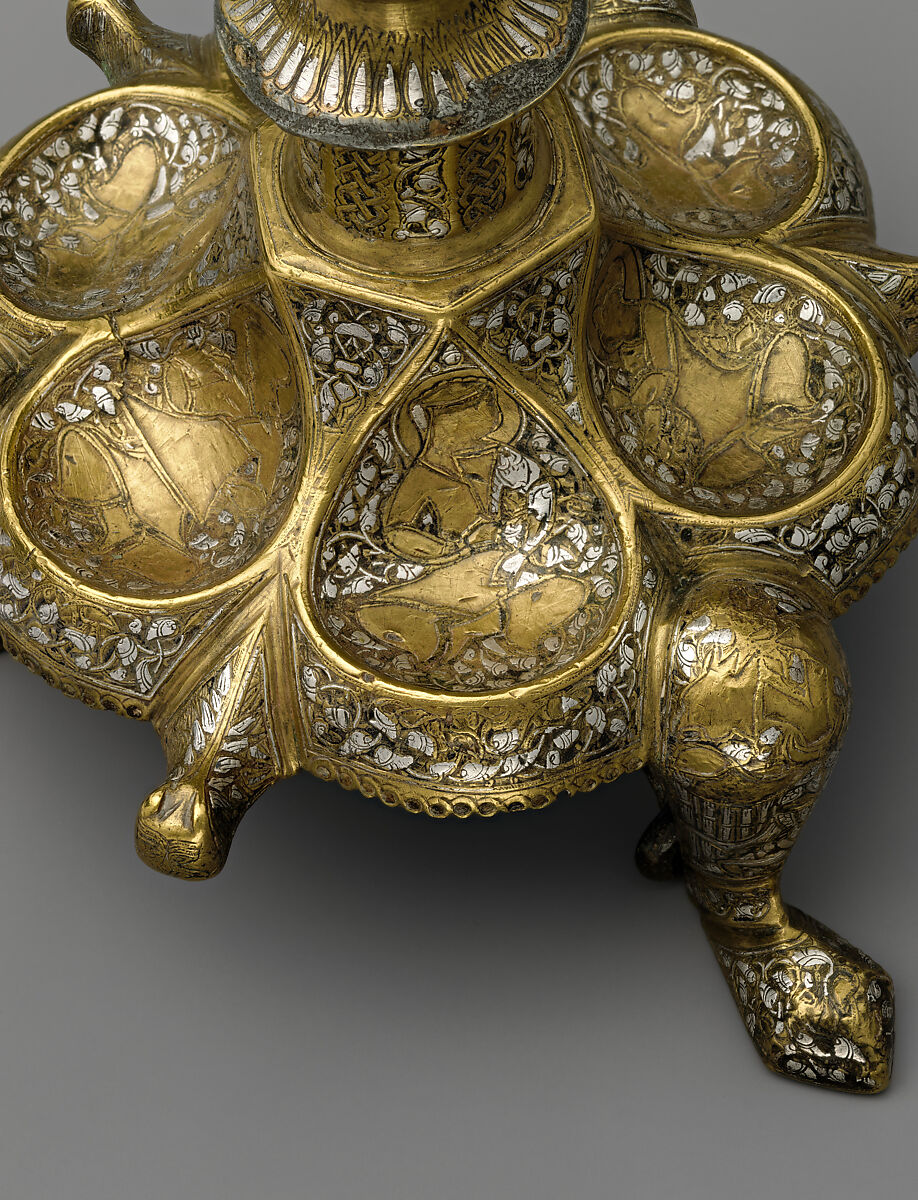 Tripod Candlestick, Brass; inlaid with silver, gold, and black compound