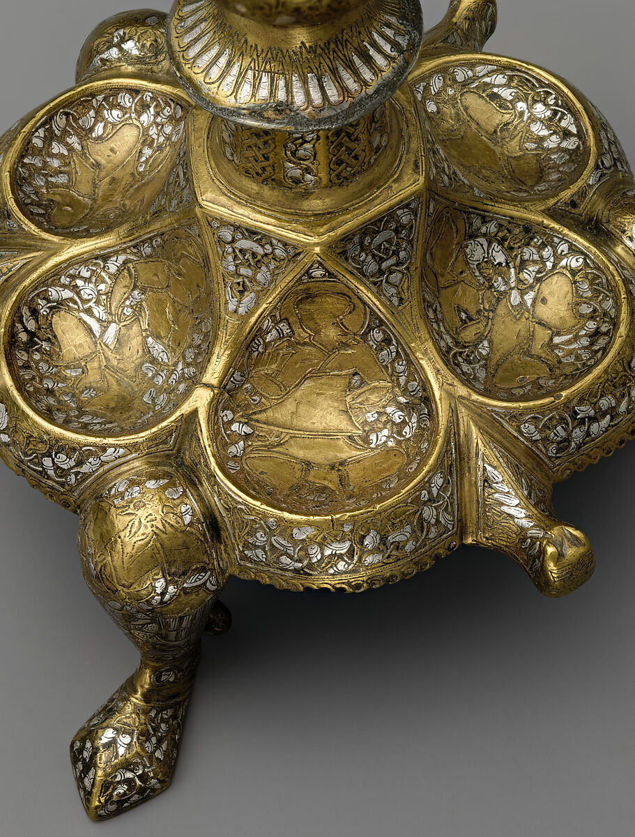 Tripod Candlestick, Brass; inlaid with silver, gold, and black compound