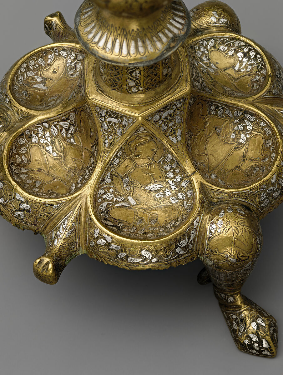 Tripod Candlestick, Brass; inlaid with silver, gold, and black compound