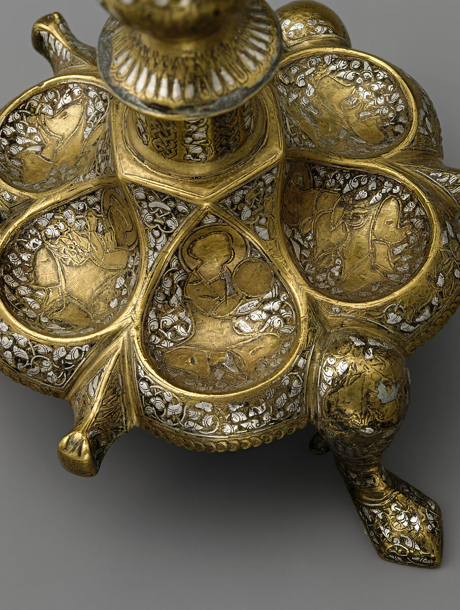 Tripod Candlestick, Brass; inlaid with silver, gold, and black compound