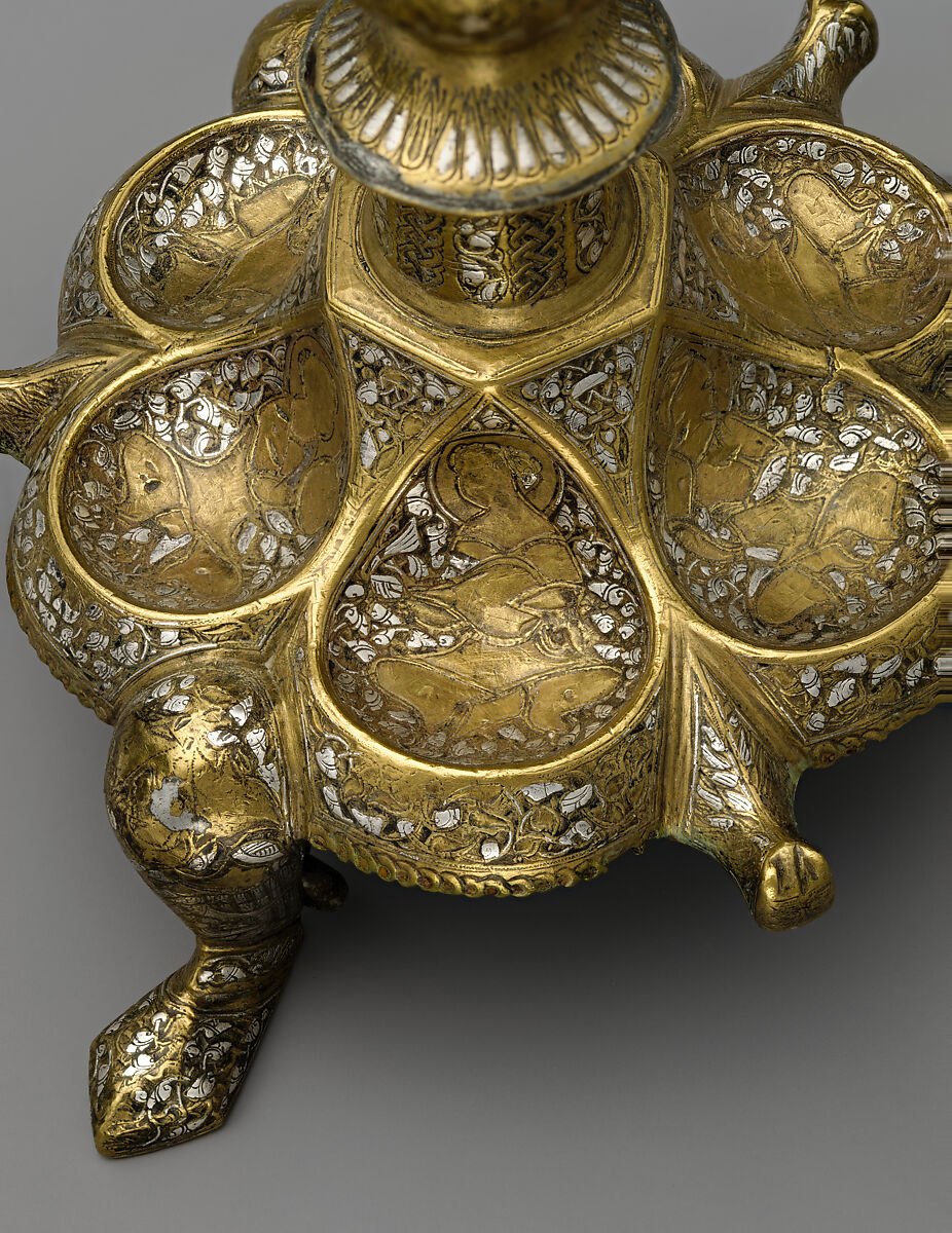 Tripod Candlestick, Brass; inlaid with silver, gold, and black compound