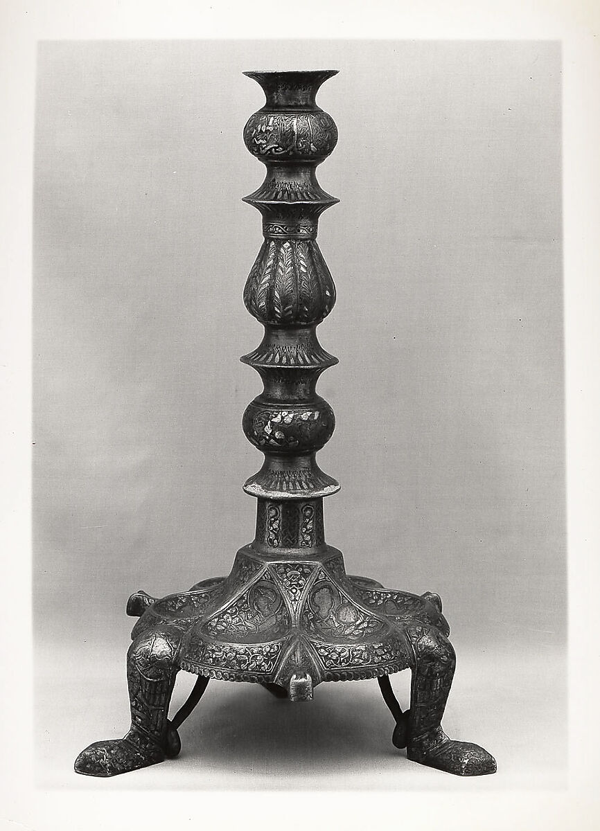 Tripod Candlestick, Brass; inlaid with silver, gold, and black compound