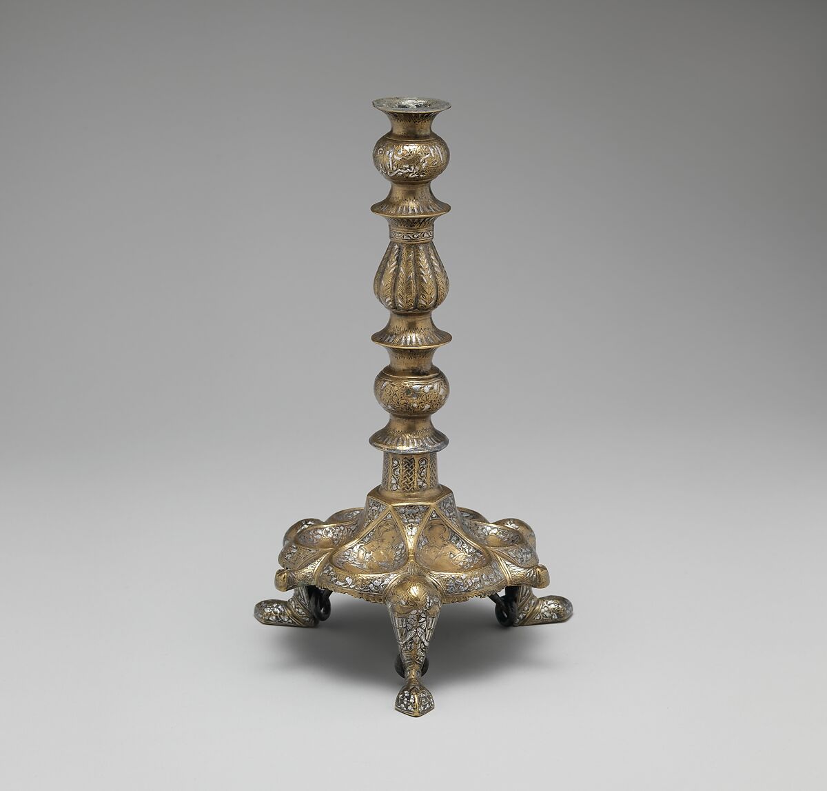 Tripod Candlestick, Brass; inlaid with silver, gold, and black compound