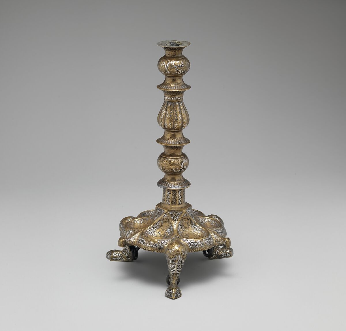 Tripod Candlestick, Brass; inlaid with silver, gold, and black compound