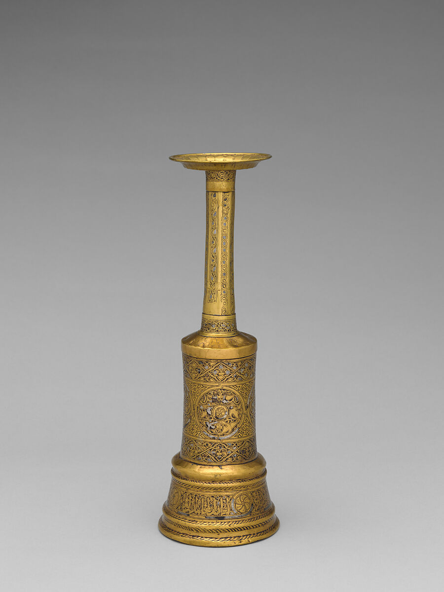 Candlestick, Brass; inlaid with silver