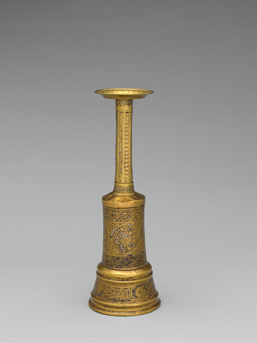 Candlestick, Brass; inlaid with silver