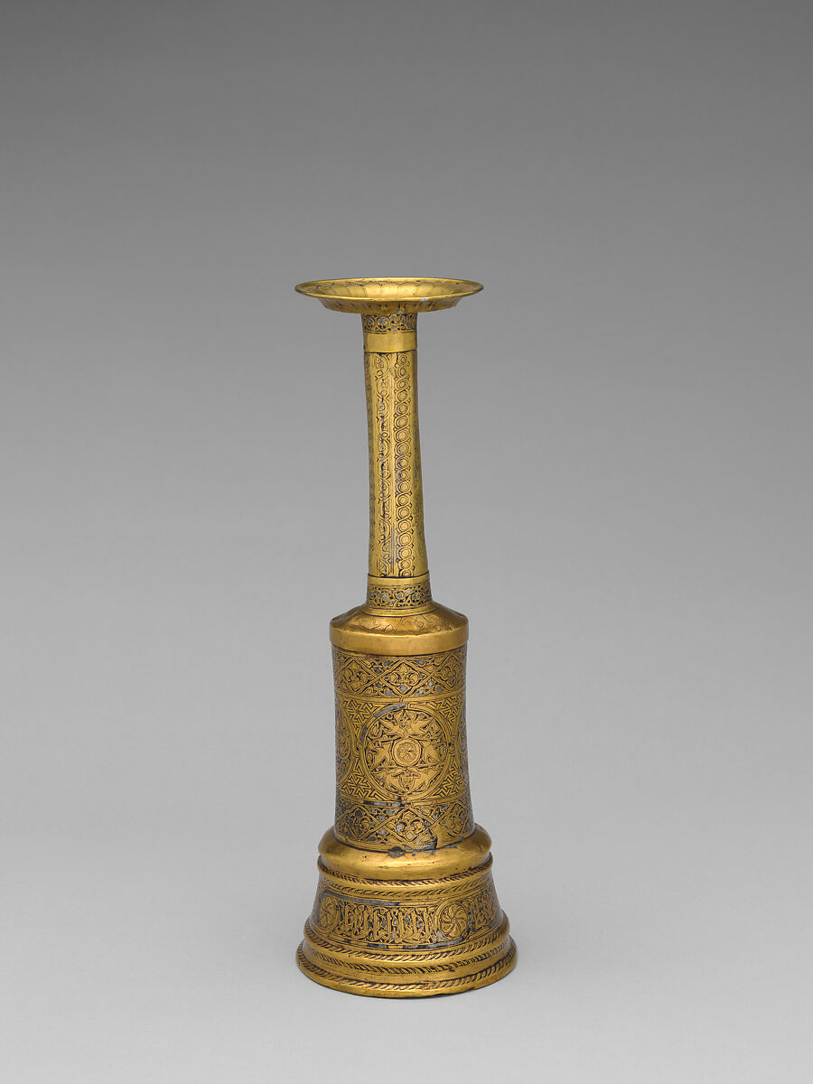 Candlestick, Brass; inlaid with silver