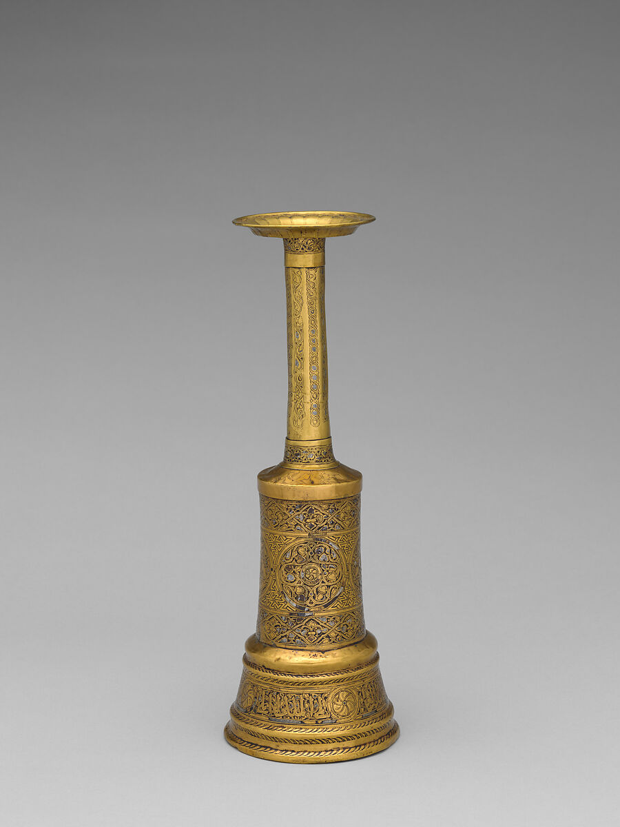 Candlestick, Brass; inlaid with silver 