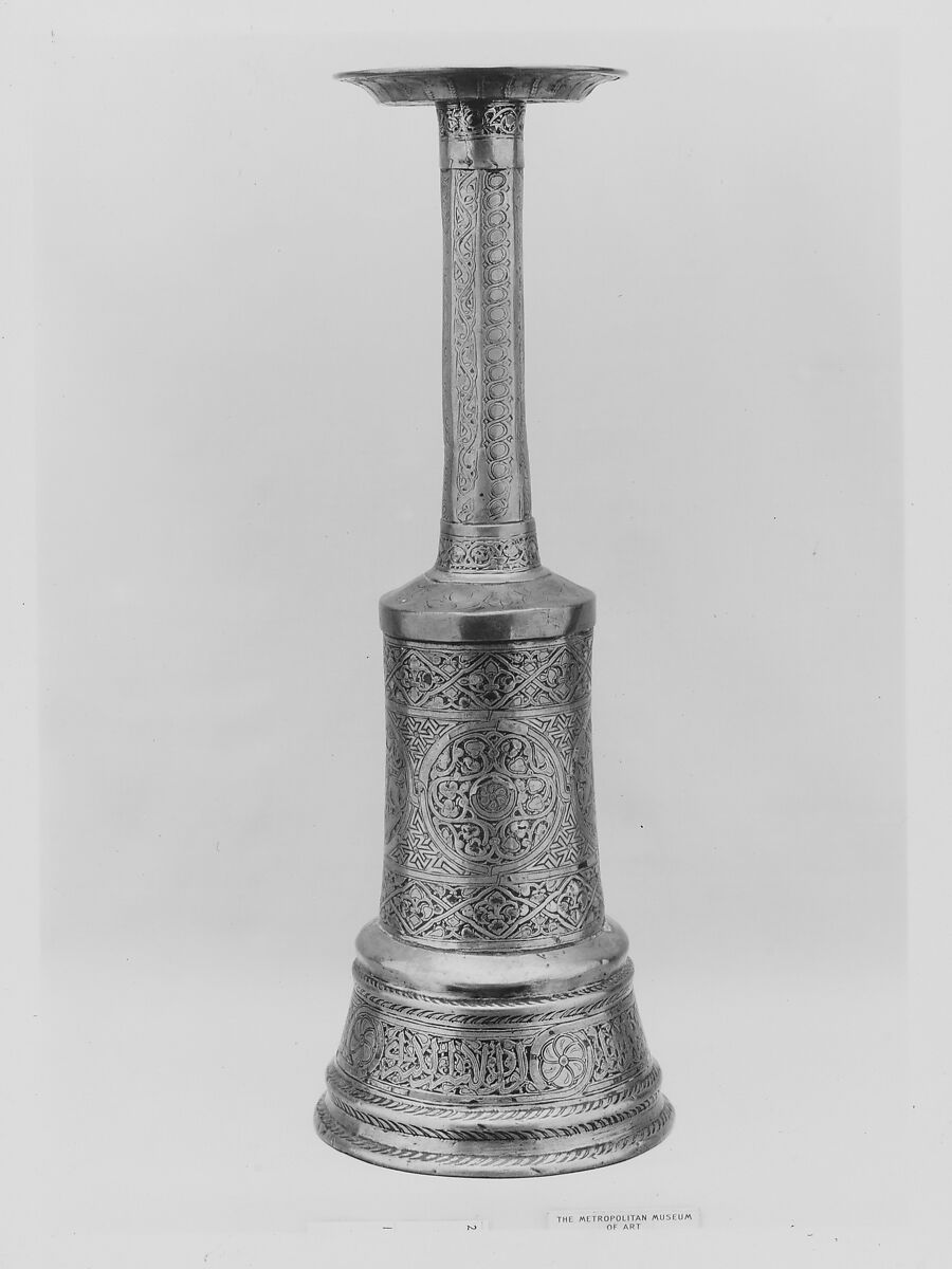 Candlestick, Brass; inlaid with silver