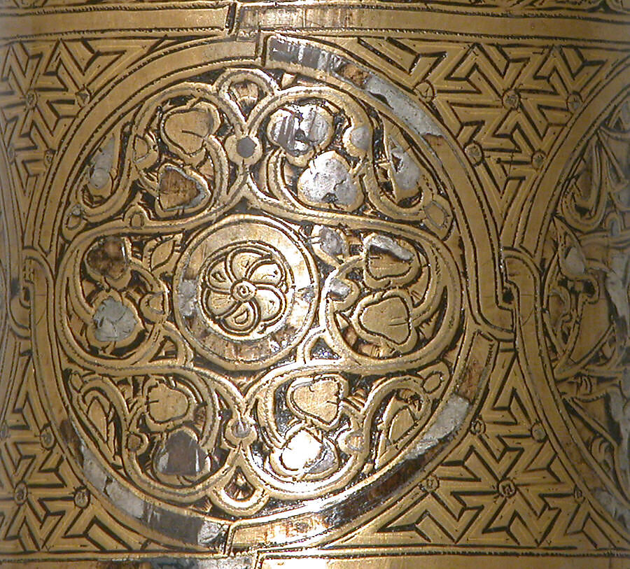 Candlestick, Brass; inlaid with silver