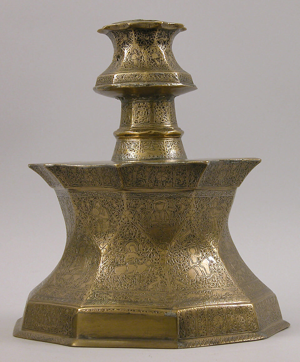Candlestick with Figural Imagery, Brass; cast, engraved, and inlaid with silver and black compound