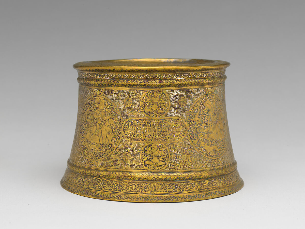 Candlestick, Brass; engraved and inlaid with silver 