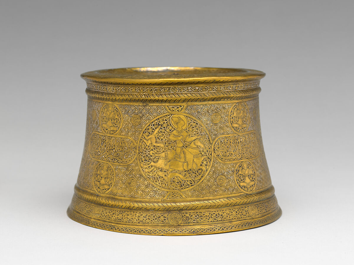 Candlestick, Brass; engraved and inlaid with silver