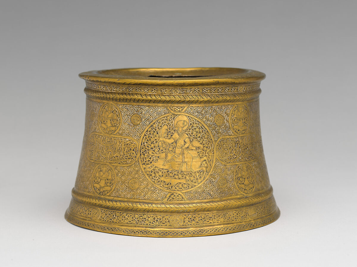 Candlestick, Brass; engraved and inlaid with silver