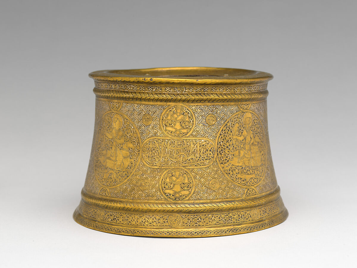 Candlestick, Brass; engraved and inlaid with silver