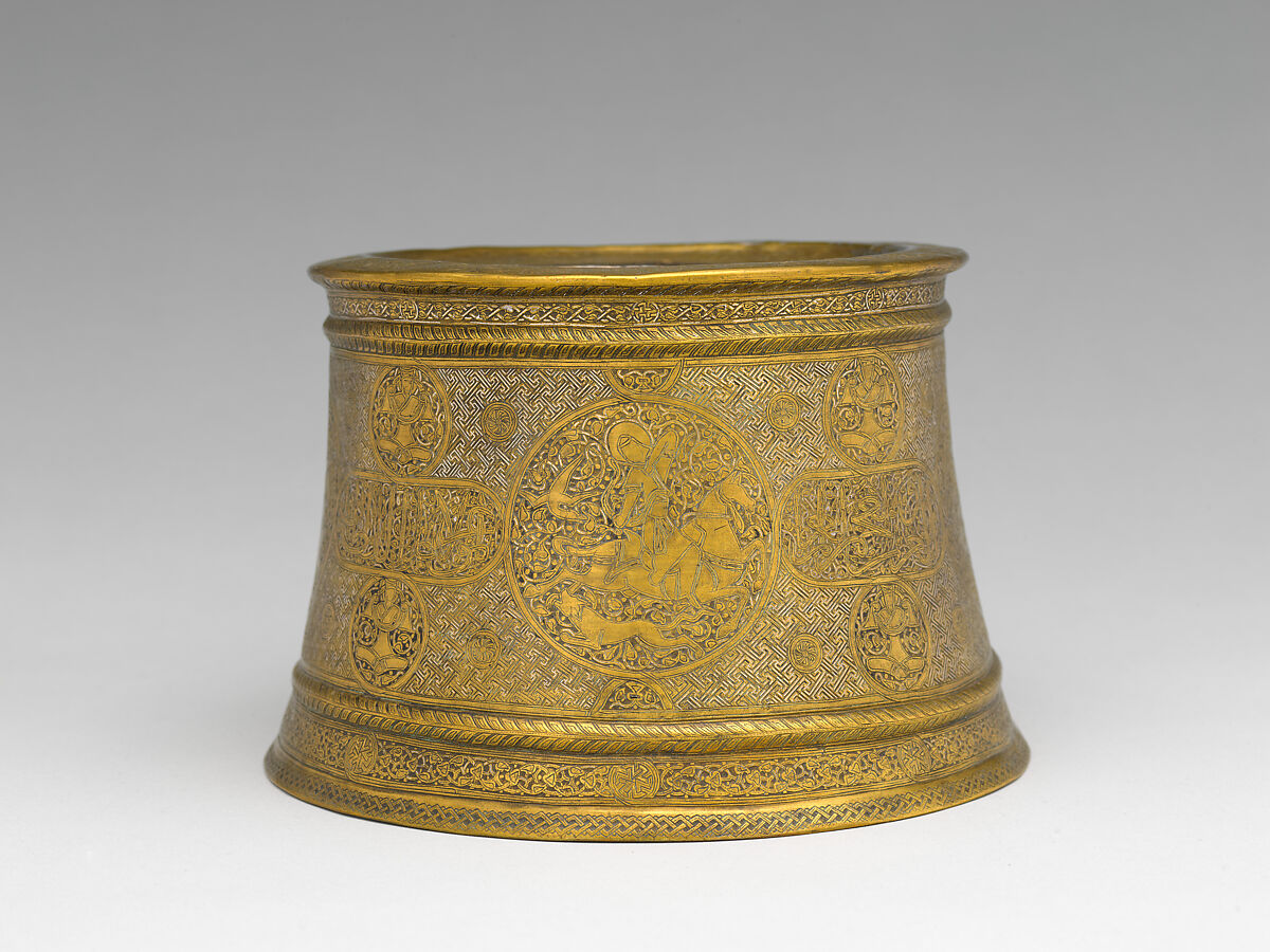 Candlestick, Brass; engraved and inlaid with silver