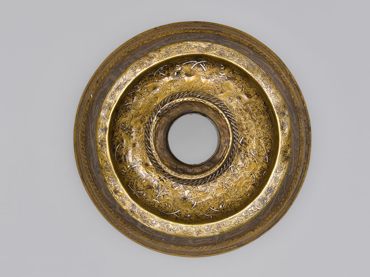 Candlestick, Brass; inlaid with silver