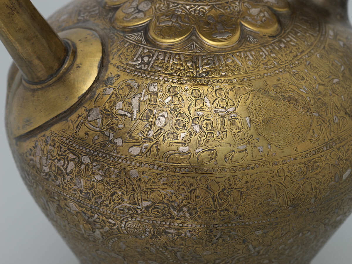 Ewer with Inscription, Horsemen, and Vegetal Decoration, `Umar ibn al-Hajji Jaldak, Brass; inlaid with silver and black compound