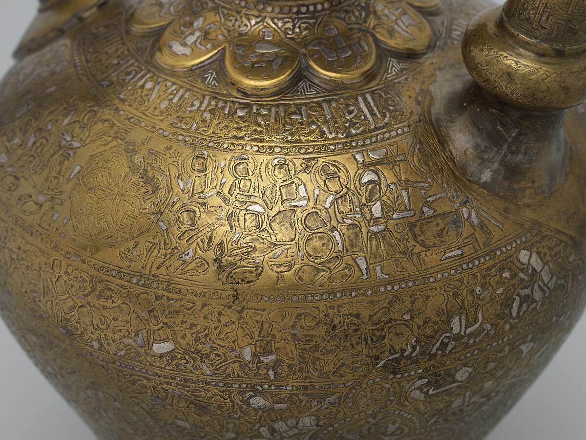 Ewer with Inscription, Horsemen, and Vegetal Decoration, `Umar ibn al-Hajji Jaldak, Brass; inlaid with silver and black compound