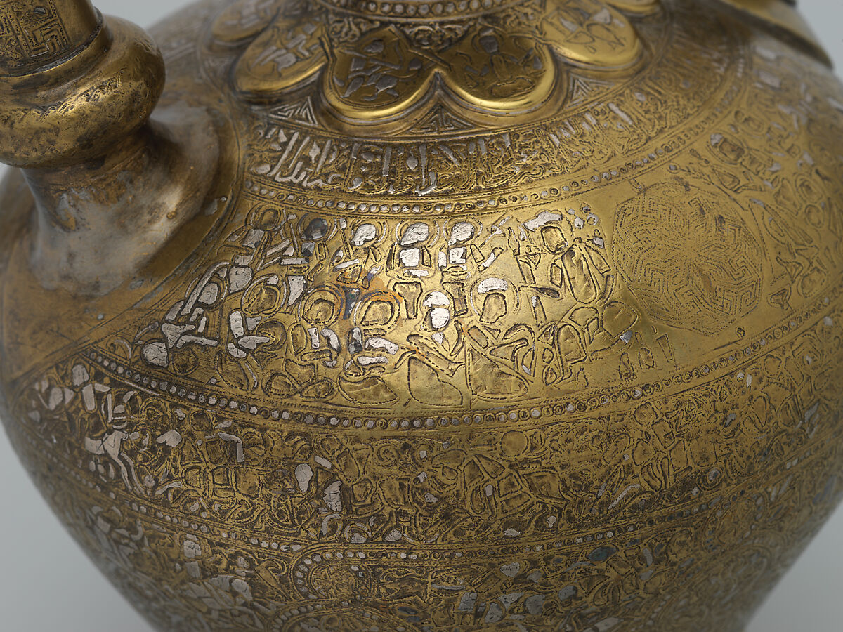 Ewer with Inscription, Horsemen, and Vegetal Decoration, `Umar ibn al-Hajji Jaldak, Brass; inlaid with silver and black compound