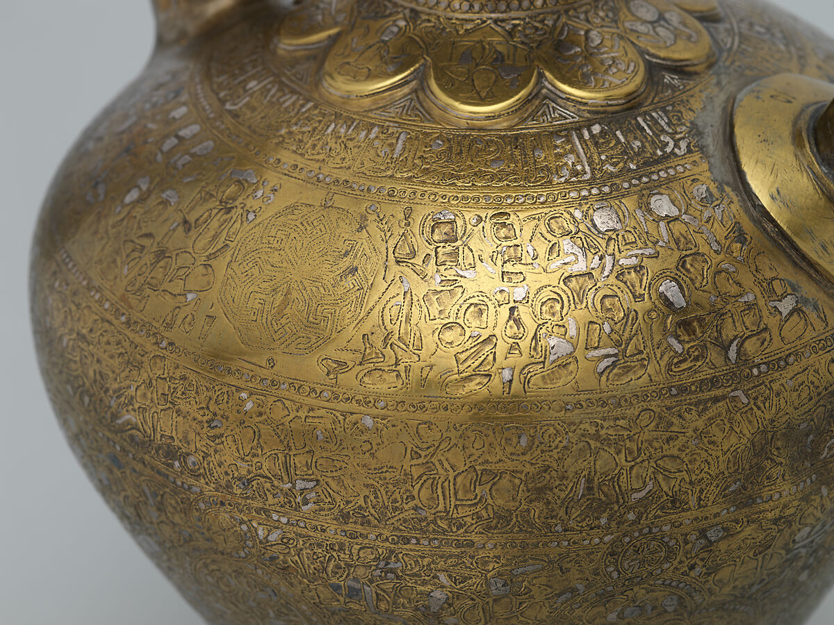 Ewer with Inscription, Horsemen, and Vegetal Decoration, `Umar ibn al-Hajji Jaldak, Brass; inlaid with silver and black compound