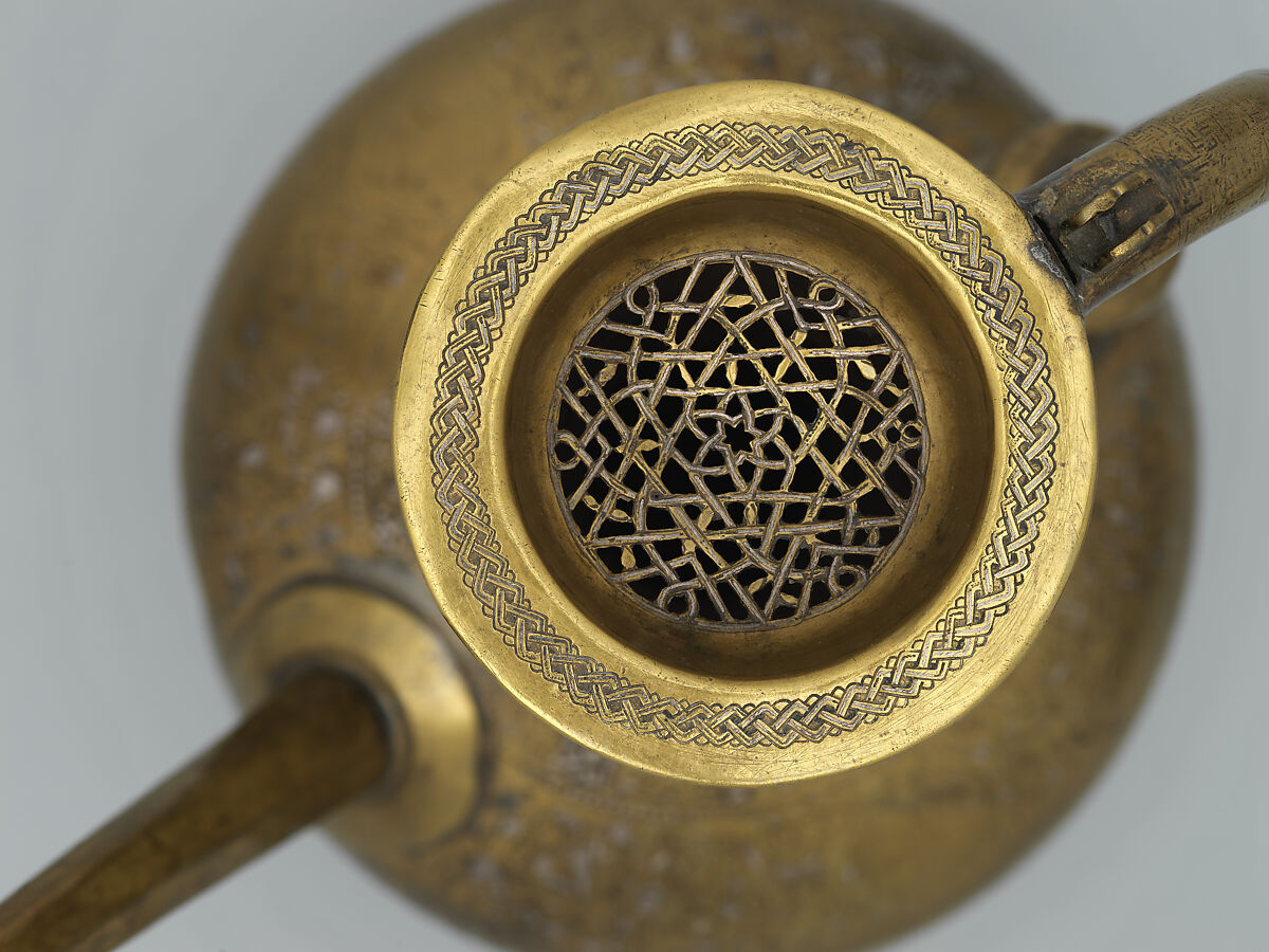 Ewer with Inscription, Horsemen, and Vegetal Decoration, `Umar ibn al-Hajji Jaldak, Brass; inlaid with silver and black compound