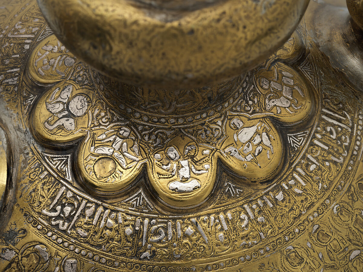 Ewer with Inscription, Horsemen, and Vegetal Decoration, `Umar ibn al-Hajji Jaldak, Brass; inlaid with silver and black compound