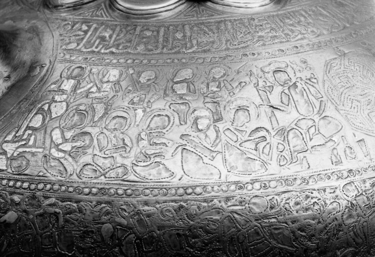 Ewer with Inscription, Horsemen, and Vegetal Decoration, `Umar ibn al-Hajji Jaldak, Brass; inlaid with silver and black compound