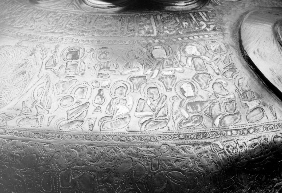 Ewer with Inscription, Horsemen, and Vegetal Decoration, `Umar ibn al-Hajji Jaldak, Brass; inlaid with silver and black compound