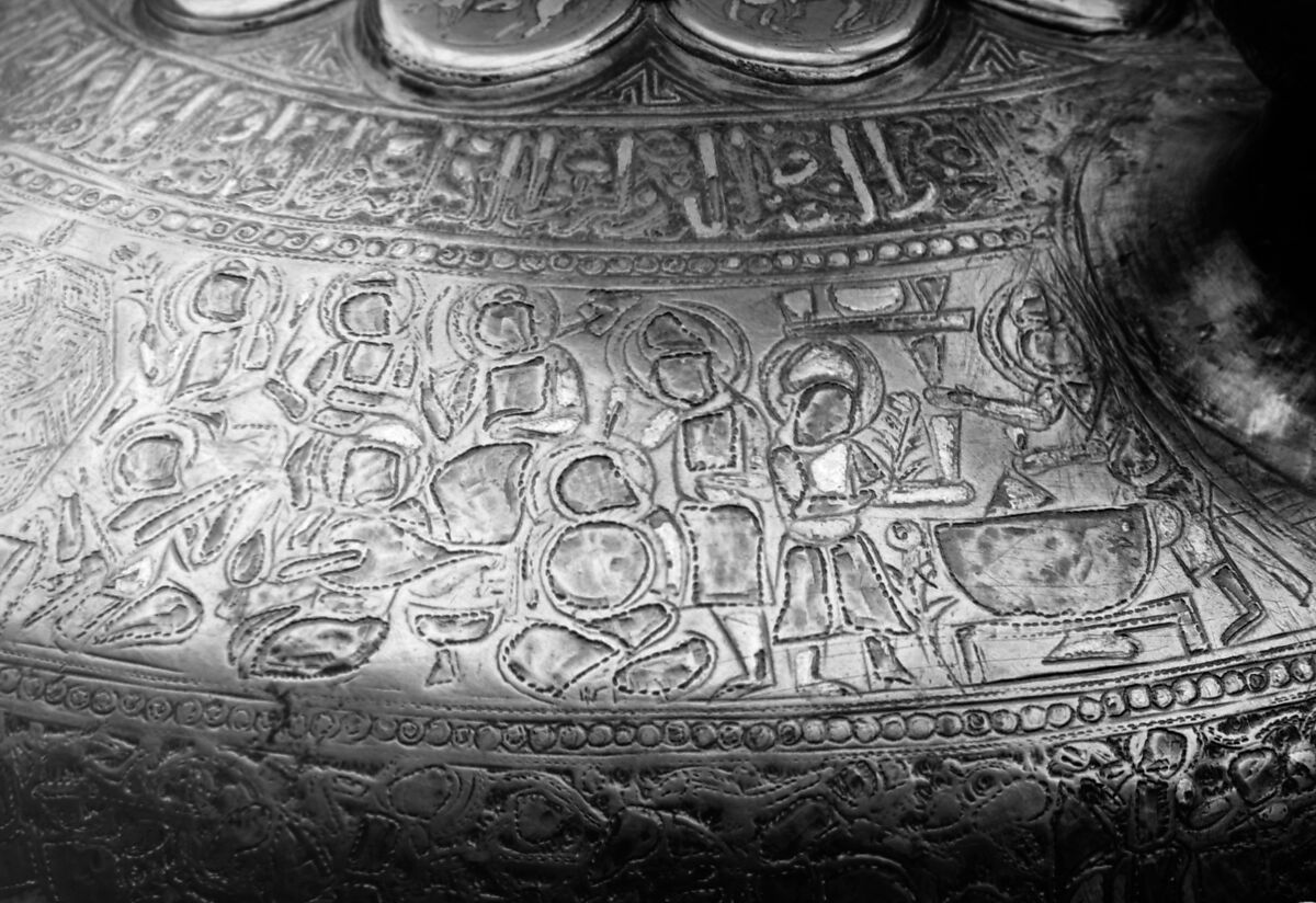 Ewer with Inscription, Horsemen, and Vegetal Decoration, `Umar ibn al-Hajji Jaldak, Brass; inlaid with silver and black compound