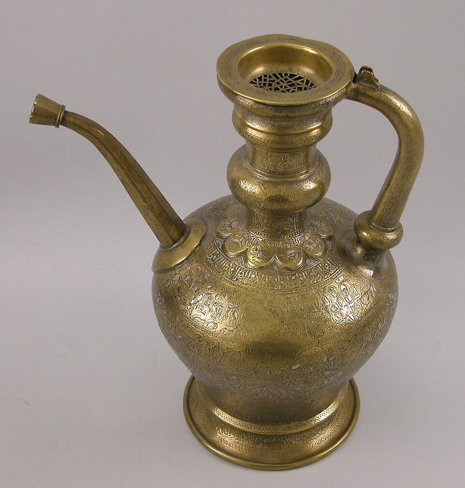 Ewer with Inscription, Horsemen, and Vegetal Decoration, `Umar ibn al-Hajji Jaldak, Brass; inlaid with silver and black compound