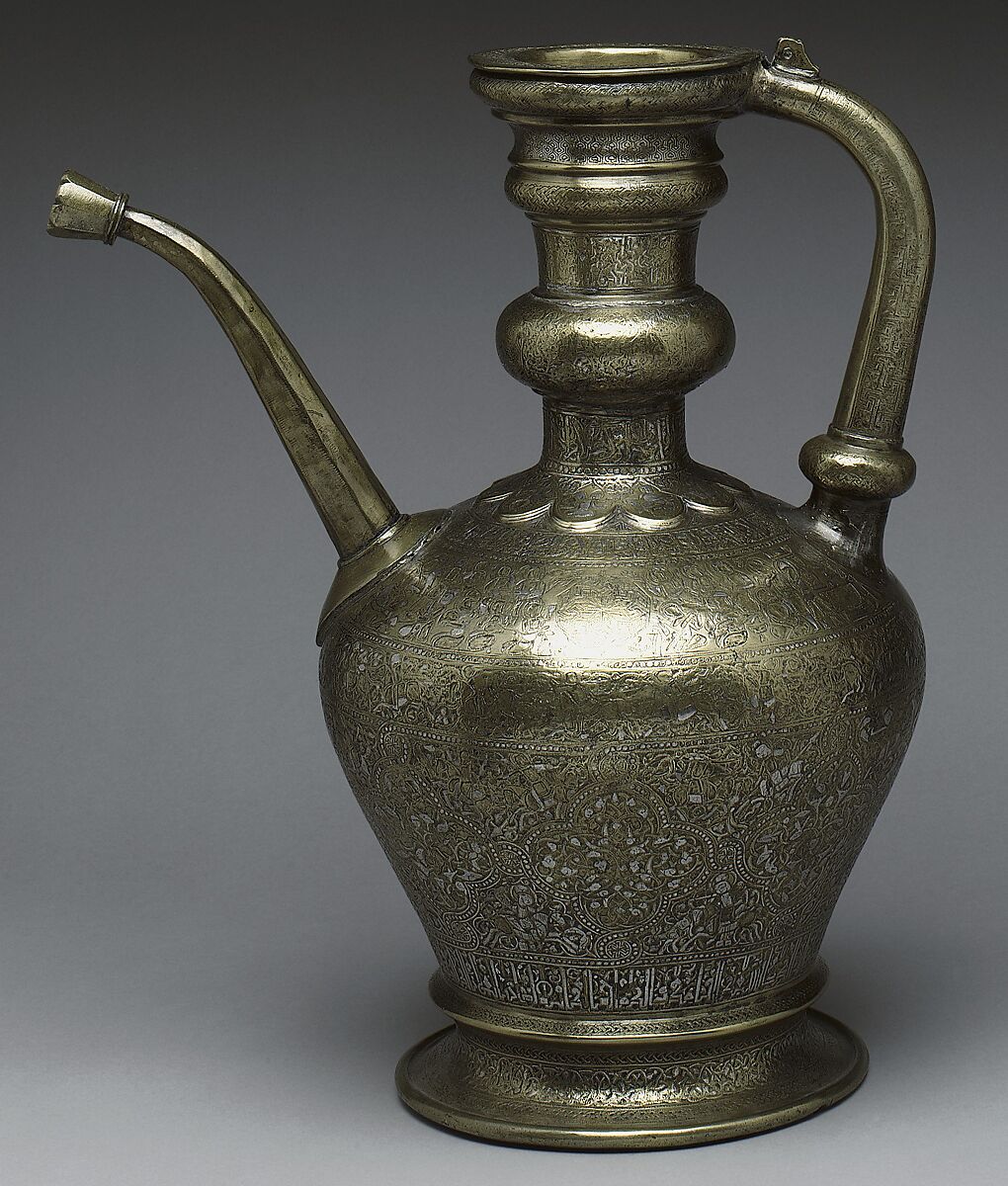Ewer with Inscription, Horsemen, and Vegetal Decoration, `Umar ibn al-Hajji Jaldak, Brass; inlaid with silver and black compound