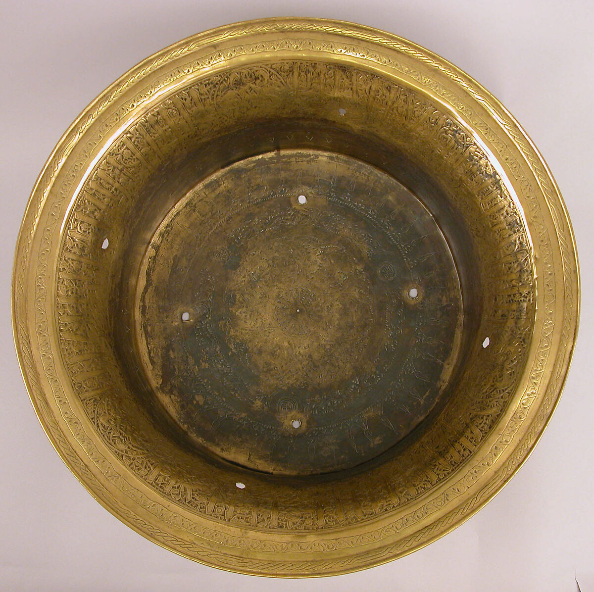 Basin, Brass; engraved and inlaid with silver