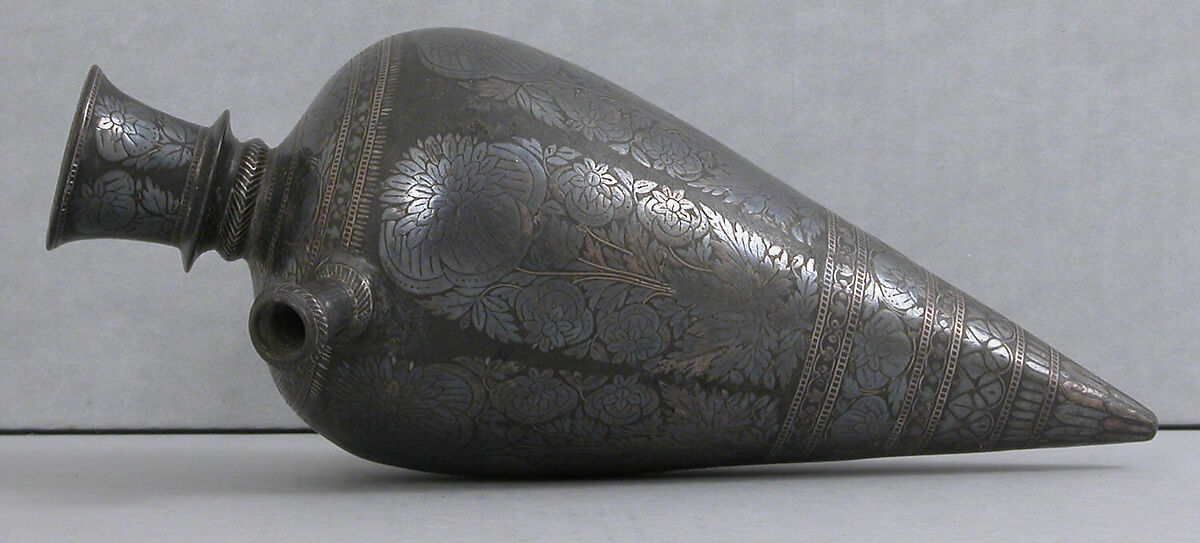 Water Pipe Base, Zinc alloy; cast, engraved, inlaid with silver and brass (bidri ware) 