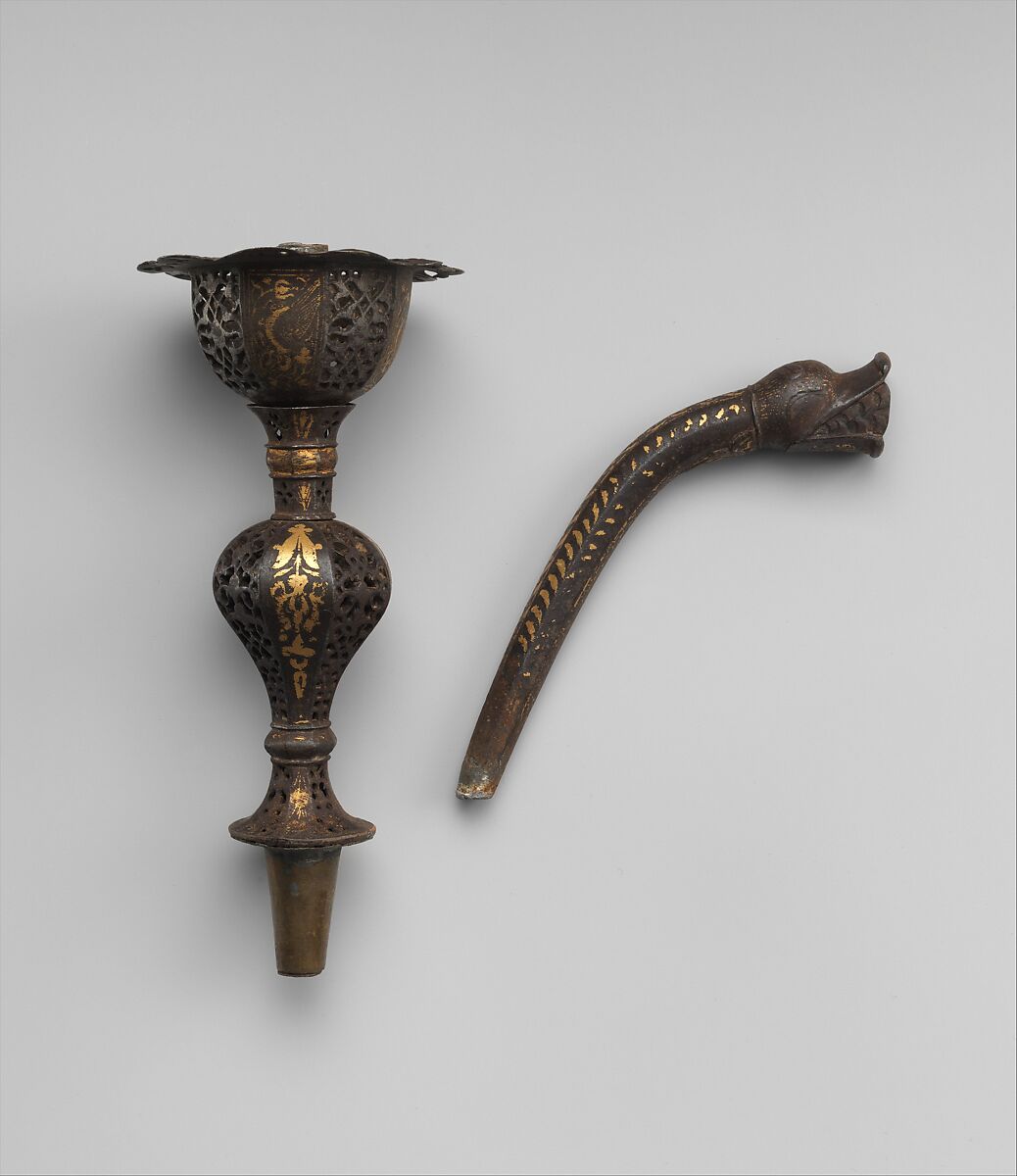 Water Pipe Part, Copper alloy, steel; upper part engraved, silvered, and gilded