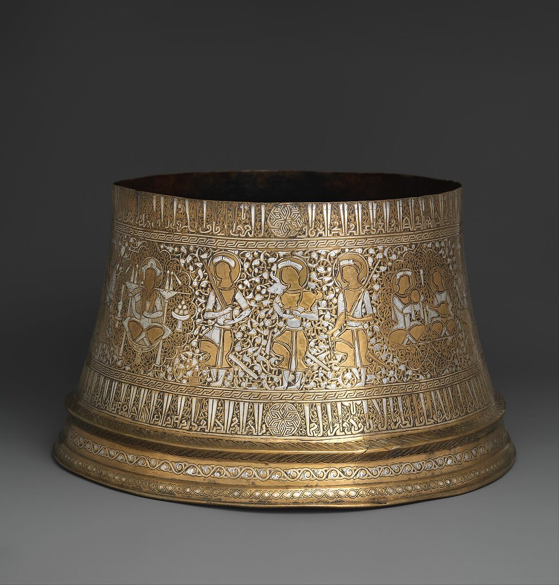 Candlestick Base, Brass; engraved and inlaid with silver
