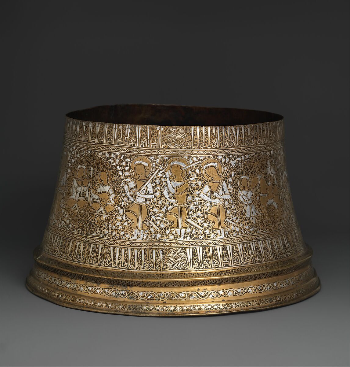 Candlestick Base, Brass; engraved and inlaid with silver