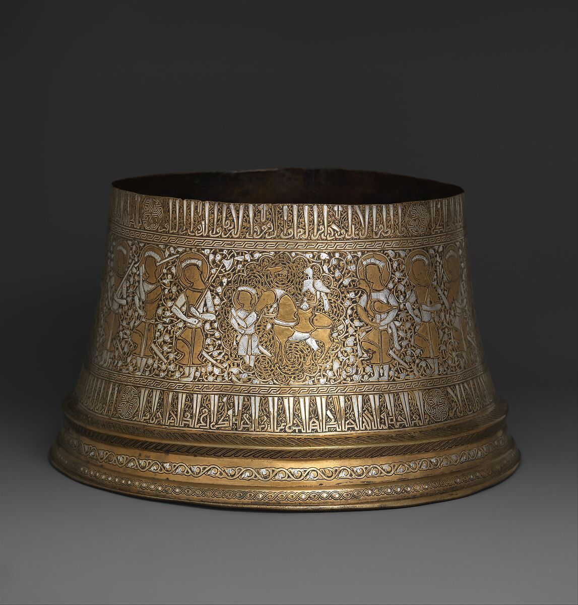 Candlestick Base, Brass; engraved and inlaid with silver